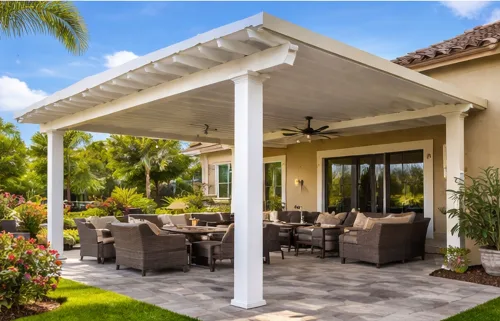 Duralum aluminum patio cover installed in Riverside CA backyard with outdoor seating