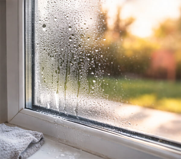 Condensation between window panes indicating failed window seal in Riverside CA