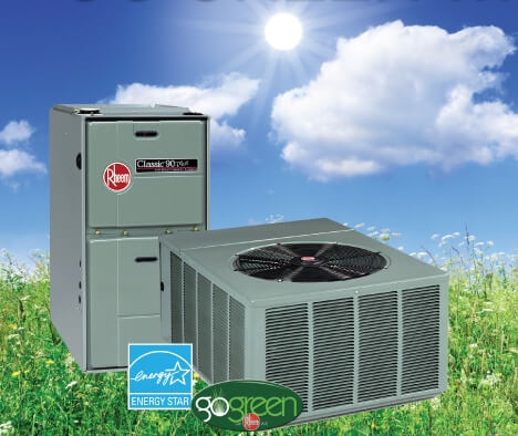 Rheem high-efficiency HVAC air conditioning and heating system installed outside a Riverside CA home