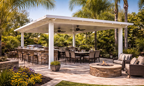 Aluminum patio cover over outdoor kitchen and seating area in a landscaped Riverside CA backyard