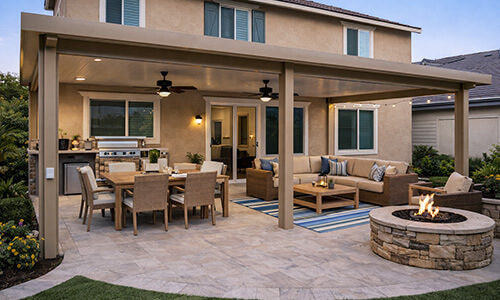 Aluminum patio cover attached to a Riverside CA home with outdoor seating area dining table and backyard fire pit