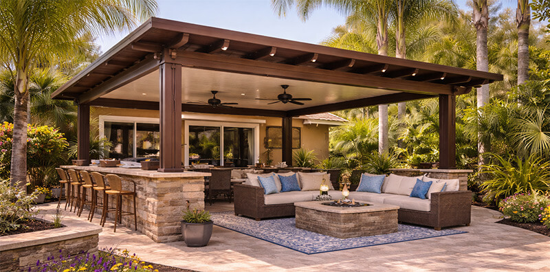Brown aluminum patio cover creating shaded outdoor living space in a Riverside California backyard