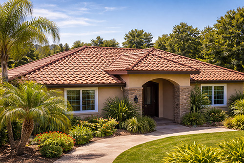 Mediterranean style home with clay tile roof professionally installed in Riverside CA