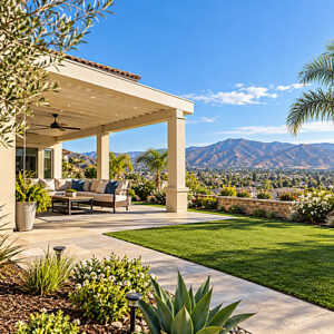 Covered backyard patio at a Southern California home with mountain views and landscaped yard